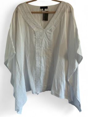 Classic Editions White Cotton Poncho-Like Top V-neckline Decorative Trim XXL
